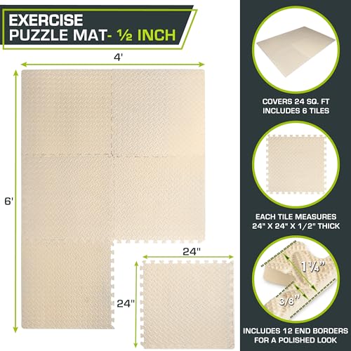 ProsourceFit Exercise Puzzle Mat 1/2-inch, EVA Interlocking Foam Floor Tiles for Home Gym, Workout Equipment, Kids Play Areas, Beige, 24 Sq Ft - 6 Tiles - color: Beige, size: 6 Pack (24 SQ FT)