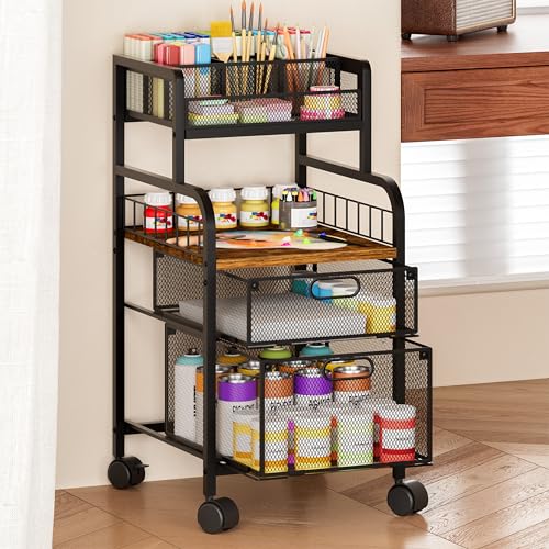 SWTYMIKI Rolling Cart with Drawers - Metal Craft Cart with Wheels, DIY Divider and Wood Shelf, Art Supply Organizer for Under Desk Storage, Utility Storage Cart for Home Office Studio, Espresso - color: 4 Tiers-Espresso, size: 4 Tiers