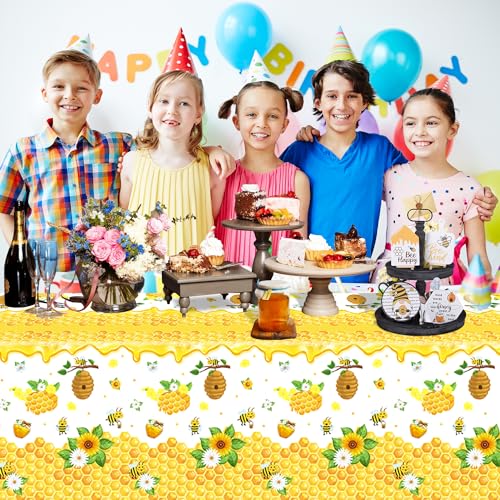 4 Pack Bee Tablecloth Happy Bee Day Tablecloths Rectangle Honey Bees Table Cover Bee Theme Party Tablecloth for Bee Baby Shower Bee Birthday Party Decorations 51 x 86 Inch - color: Bee
