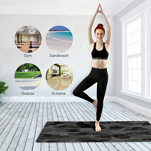 Travel Yoga Mat 71" x 24" Non Slip Natural Rubber Foldable Exercise Mat Ultra Thin 1.5mm Lightweight for Fitness, Pilates & Home Workout, Charcoal Black Grey Camo