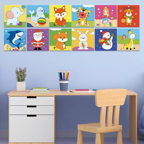 Anseal 12 Packs Pre Drawn Canvas to Paint, 4" X 4" Animal Pre-Printed Canvas Paint Party, Stretched Outline Painting Boards for Beginners, Party Favor - style: Animal2