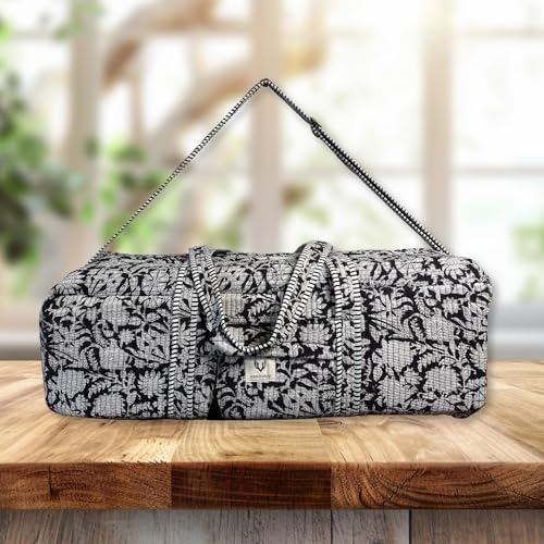 Large Capacity Handblock Printed Yoga Mat bag for Women, Gym Bag, Fits Yoga Blocks, Adjustable strap, Pilates, Gym, Fitness Block & Gear, Light and Durable - color: Charcoal Bloom