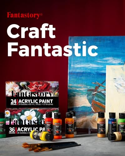 Fantastory 60ml 36 Colors Acrylic Paint Set with 12 Brushes | Professional Series, Thick Paints for Adults, Canvas, Wood, Fabric, Ceramic, Rock Painting - style: 36 Classic Colors