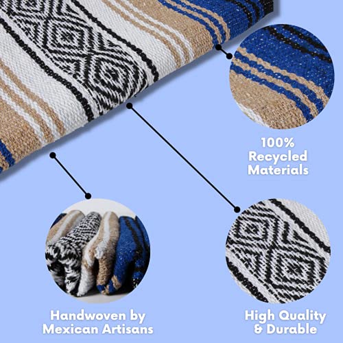 El Paso Designs Mexican Yoga Blanket – Colorful Falsa Serape Throw for Yoga, Beach, Picnic, Saddle, or Home Décor – Soft Woven Boho Blanket (Blue and Tan) - color: Blue and Tan
