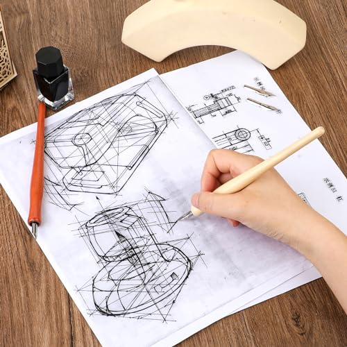 14pcs Oblique Calligraphy Nibs Pen Comic Pen Nibs Set Fluid Writer Pens | Wooden Drawing Pen Holder with 12 Pieces Stainless Steel Pen Replacement Nibs Nib for Writing, Signing, Painting, Sketch - color: brown+wood