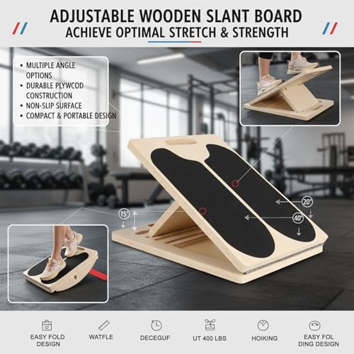 Slant Board for Calf Stretching,Balance Board,Adjustable Calf Stretcher,400 lbs Cap,Wooden Slant Board Anti-Slip Incline Board, Ankle Support,Incl.2 Resistance Bands,Instruction Card & Sand Paper.
