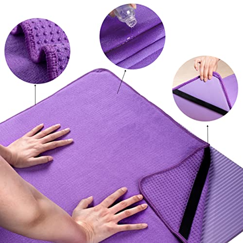 POLYTE Microfiber Non Slip Yoga Mat Towel, Secure Elastic Straps, 24x72 in - color: Purple