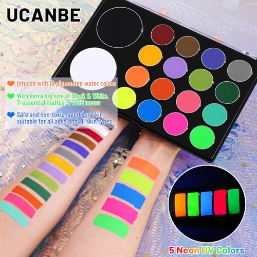 UCANBE Face Body Paint 18 Colors, Water Based Face Painting Kit with Large White Black & Neon Glow UV Facepaint SFX Makeup Palette for Halloween Party Costume Cosplay & Stage Art Make Up - color: Imagination Buzz Palette