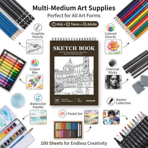 Soucolor Sketchbook 8.5x11,100 Sheets Thick Acid-Free Drawing Paper | 68lb/100gsm Lay Flat Sketch Pad Art Notebook for Adults Artists Teachers Students Classroom - color: Brown, size: 8.5" x 11" (Pack of 1)