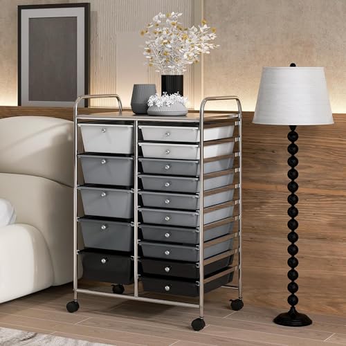 LDAILY 15 Drawer Rolling Storage Cart, Rolling Cart with Drawers for Classroom, Art Supply Craft Organizer on Wheel with Metal Frame & Handles for Home Office School - color: Gradient Gray, size: 15 Drawer