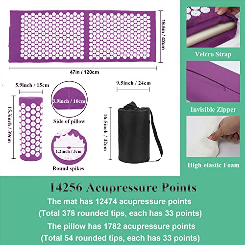 XiaoMaGe 47" Acupressure Mat and Pillow Set with Carry Bag (Purple) | Large acupuncture mat for neck & back pain relief, muscle relaxation, circulation support, and post-workout recovery - color: Purple-large
