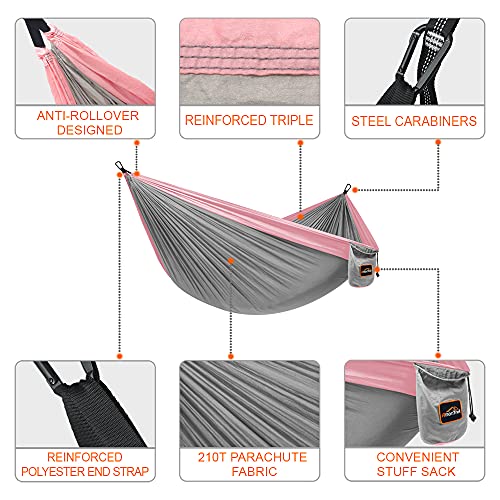 AnorTrek Camping Hammock, Super Lightweight Portable Parachute Hammock with Two Tree Straps Single or Double Nylon Travel Tree Hammocks for Camping Backpacking Hiking - color: Gray&pink, size: Single 110''L x 55''W