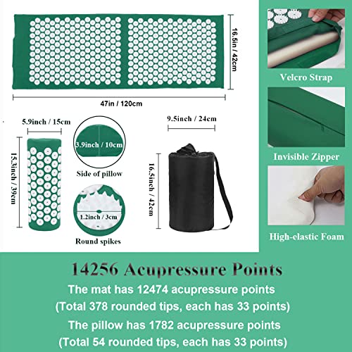 XiaoMaGe 47" Acupressure Mat and Pillow Set with Carry Bag (Green) - color: Green-large