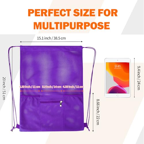 NATURAL STYLE Mesh Drawstring Backpack Bag, Gym Sports Bag with Zipper Pocket Bottle Holder, String Beach Bag for Swiming Travel (Purple) - color: Purple