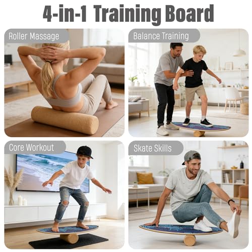 2026 NEW|29" Surf Balance Board for Kids & Adults|MAX. 350lbs Balance Boards with Cork Roller & Half Ball|0.6" Wobble Board Trainer from Beginner to Advanced|Wooden Slack Board