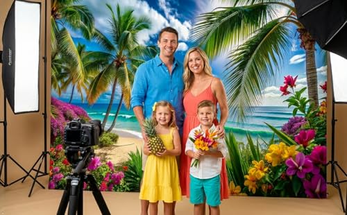 7x5ft Summer Hawaiian Beach Photography Backdrop Tropical Flower Palm Leaves Background for Luau Aloha Party Decoration Banner Photo Booths - size: 7x5ft