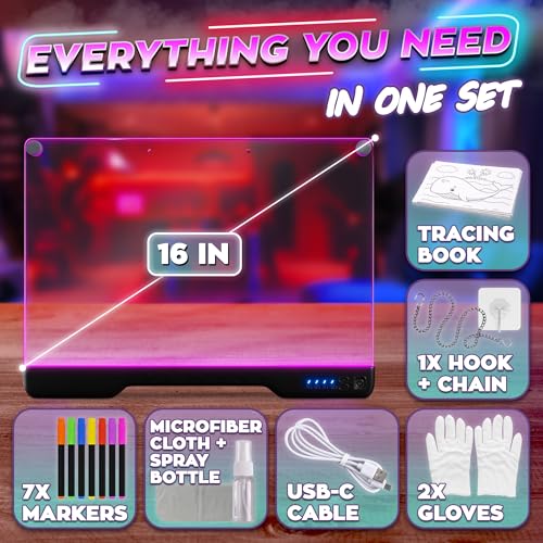Upgraded 16-Inch LED Drawing Board Rechargeable – 7 Colors, 10 Lighting Effects, Adjustable Brightness – Acrylic Light Board for Tracing with Stand, Markers & Complete Set (Black) - style: Black