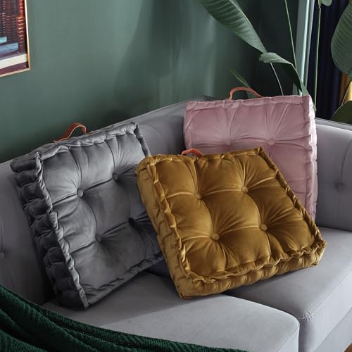 vctops Square Solid Color Velvet Seat Cushion with Handle Tufted Thicken Chair Pad Tatami Floor Pillow Cushion 16.5"x16.5"x4" Mustard Yellow - color: Mustard Yellow
