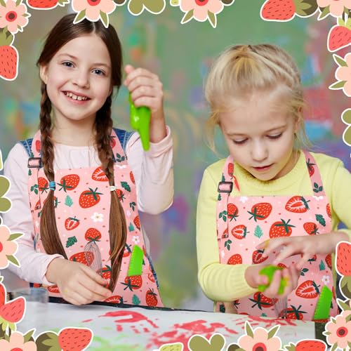 2 Pack Kids Apron, Cute Cooking Aprons, Waterproof Art Apron with Pockets, Toddler Painting Artist Apron Adjustable - color: Strawberry, size: 45*62cm