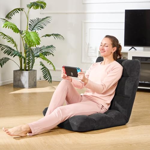 Folding Floor Gaming Chair, 14-Position Adjustable Backrest, Skin-Friendly Flannel & Aluminum Alloy Frame, Ideal for Reading, Gaming, Sleeping, Black - color: Black