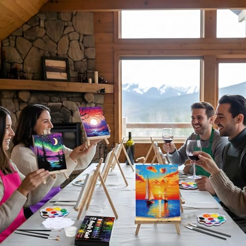 Cholemy 6 Set Paint and Sip Kit for Adults 8"x 10" Pre Drawn Canvas Painting with Wooden Easel Acrylic Paint Wash Cup Brushes Palette Apron for Painting DIY Adult's Date Party Supplies(Landscape) - style: Landscape