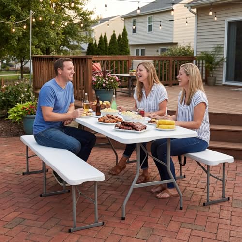 Folding Bench 6ft,Portable Plastic Bench Seat with Handle,White,2 Pack - size: 6FT Bench (2PC)