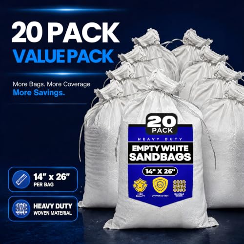 Sand Bags with Ties 14" x 26" - Sand Bags for Flooding, Woven Polypropylene Sandbags, 50 lbs Capacity, 14x26 inches, White - size: 20 Count (Pack of 1)