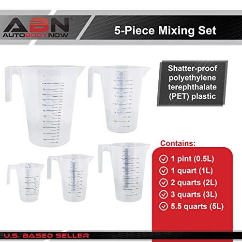 ABN 5 Piece Set of Graduated Paint Mixing Pitchers Quart and Gallon Sized Mixing Cups - 5000 ml, 3000 ml, 2000 ml, 1000 ml, 500 ml Plastic Mixing Cups for Paint, Resin, Epoxy and Home Kitchen and