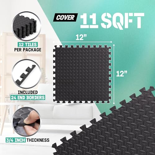 Yes4All EVA Interlocking Mats, Puzzle Floor Tiles, Foam Floor Padding with Border for Furniture, Home Space, Living Room, Garage 11 SQFT - color: Black, style: 3/4" Thickness, 11 SQFT