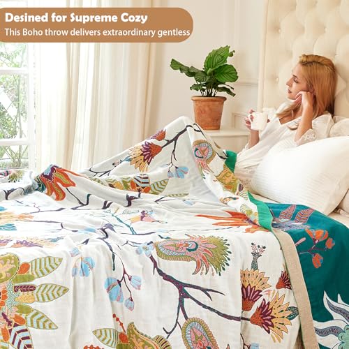 VANJOROY Boho Throw Blanket, 100% Organic Cotton Breathable Skin-Friendly Ultra Soft Bed Quilt Throw - All Season Floral Bird Farmhouse Décor Luxury Blanket for Sofa Couch Chair and Gift. 50" x 60" - color: Boho Flower a, size: Throw (50" X 60")