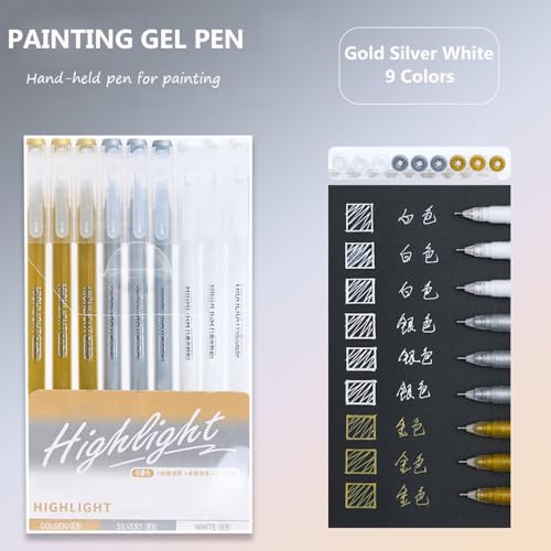 Gel Pens with 0.6mm Fine Point, 9 Colors Acrylic Drawing Gel Pen | Smooth Writing Pen Set for Journaling, Gold Silver White, Drawing Pencils for Adult Coloring Books - color: Gold Silver White