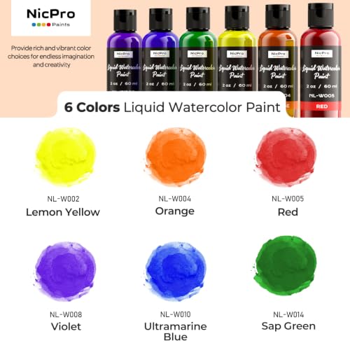 Nicpro 6 Colors Liquid Watercolor Paint Set, 2 oz Concentrated Water Color | Paints for Kids & Adults, Non-Toxic Classroom Art Supplies for School, Home, Crafts, Slime, Glue, Clay, Party Activities - color: 6 Colors, size: 2 Fl Oz (Pack of 6)