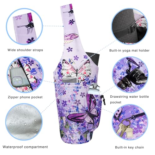 Yoga Mat Bag - Large Opening Long Tote Yoga Mat Carrier Holder Bag with Waterproof Wet Zipper Pocket and Drawstring Water Bottle Pocket - Yoga Bag Fit Most Size Mats - color: Butterfly