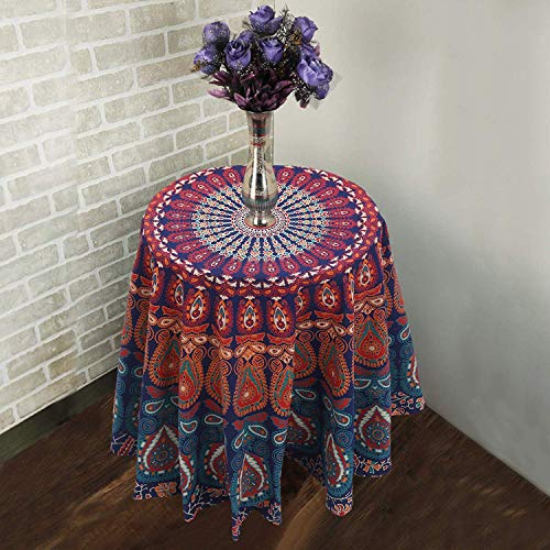 raajsee Round Beach Tapestry Blue Orange Mandala Throw/Boho Hippie Beach Blanket Roundie/Indian Cotton Bohemian Large Round Table Cloth/Yoga Mat Meditation Picnic Rug 70 inch - color: BLUE ORANGE