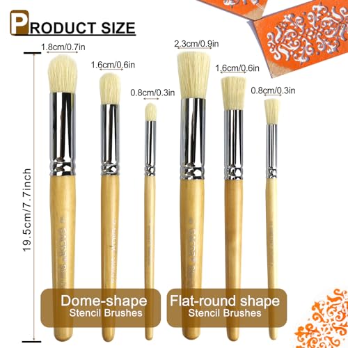 Stencil Brush Set, 6Pcs Natural Hog Bristle Stencil Brushes for Painting | stencil brushes with flat and dome hog bristles for stenciling, chalk paint, wax, wood signs, furniture, walls and DIY crafts