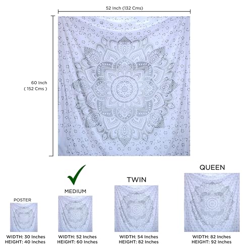 raajsee Metallic Silver Tapestry Grey Mandala Wall Hangings, Indian Cotton Beach Throw Blanket, Hippie Tapestries Boho Bohemian Decor,Twin Bedspread Yoga Meditation Mat Rugs, 52 x 60 Inches - color: White Silver Passion Ombre, size: 60"L x 52"W