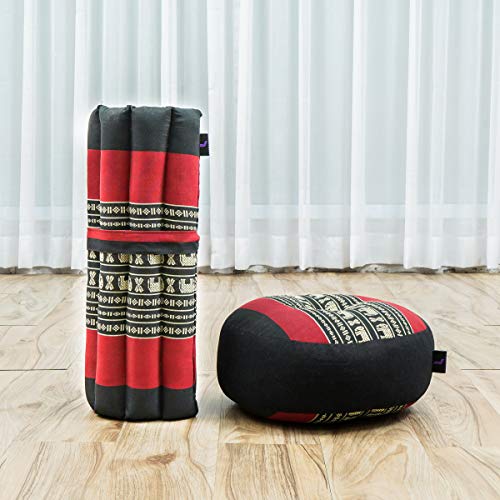 Leewadee Meditation Cushion Set – 1 Small Zafu Yoga Pillow and 1 Small Roll-Up Zabuton Mat Filled with Kapok - color: Sf13 - Red, Black