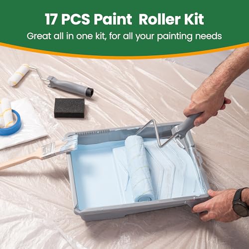 VOOMEY 17 Piece Paint Roller Kit, 9" & 4" Rollers with Tray & Brushes | Includes Roller Frames, Microfiber Covers, Tray and Brushes for DIY House Painting, Walls, Ceilings and Home Projects - style: 17pcs paint roller kit