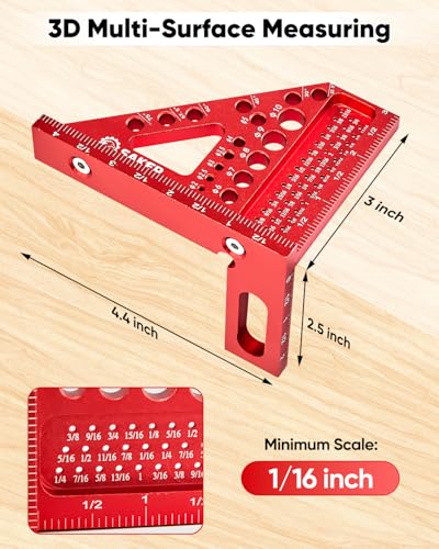 Saker 3D Multi-Angle Measuring Square Ruler, Aluminum Alloy Carpenter Square, 0-90° Precision Hole Scribing Ruler with Angle Pin for Woodworking, Engineering, and Construction Projects - size: 4.4inch