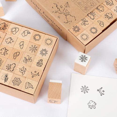25 pcs Wooden Rubber Stamp Set, Various Weather Patterns Wood Stamps for Journal, Diary, Scrapbook, Planner, Letter, DIY Craft, Card Making - color: Weather