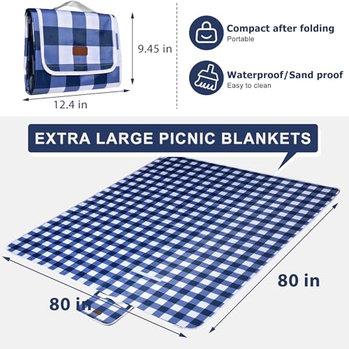 80"x80" Extra Large Waterproof Outdoor Mat - Sandproof Foldable Picnic Blanket for Family Camping, Backyard, Beach Parties - Heavy Duty & Easy Storage (Blue&White) - color: Blue White, size: 80" x 80"