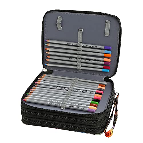 72 Slots Pencil Case Organizer w/Removal Handle Strap | 3-Layer Zipped Pencils Box Large for Colored Pencils Watercolor Pencils for Office and Travel for Artist - color: Black + Flower