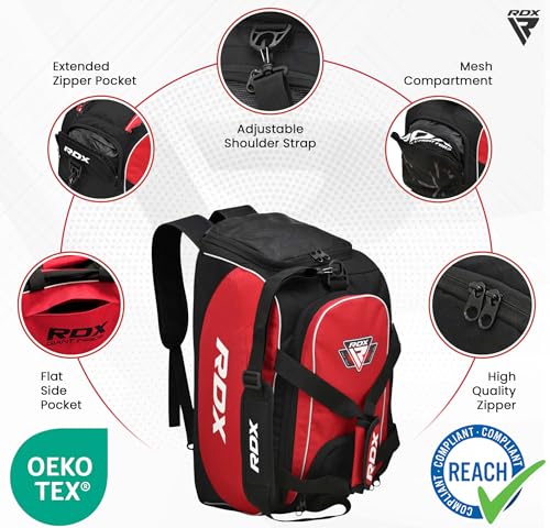 RDX 50L Gym Bag with Ventilated Shoes Compartment, All In One Backpack Duffle Holdall, Fitness Sports MMA Boxing Yoga Swim Gear Sportswear Bag, Weekend Overnight Travel Hiking Rucksack for Men Women - color: Red