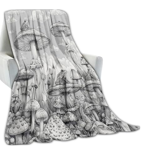 Black White Mushroom Blanket Gifts for Boys Girls Kids, Frog in Wonderful Forest Cloud Throw Blankets for Sofa Office Couch Room Decor, Cozy Lightweight Warm Soft Throws, 50x60 in - color: Mushroom 02, size: 60x50in