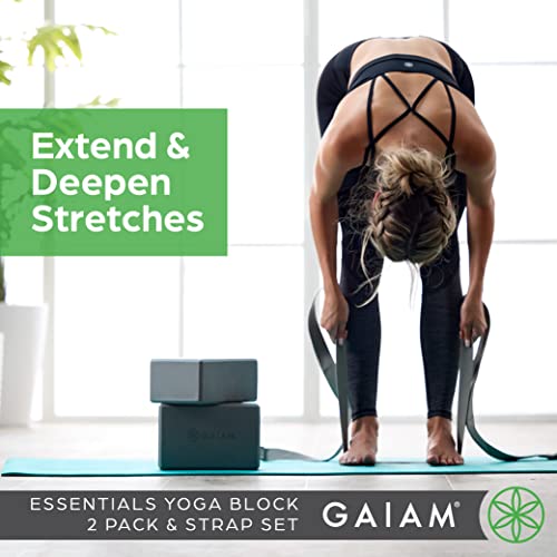 Gaiam Yoga Block - Supportive Latex-Free Eva Foam - Soft Non-Slip Surface with Beveled Edges for Yoga, Pilates, Meditation - color: Black, style: 2 Blocks w/Strap