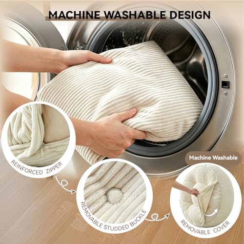 11" Washable Round Floor Pillow for Adults Thick Meditation Cushion for Sitting Large Yoga Pillows on Floor Ottoman to Elevate Leg for Tatami Living Room, 22x22 Inch, Cream - color: Cream