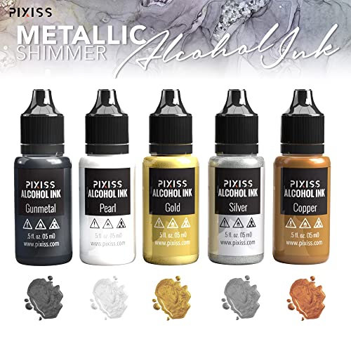 Metallic Alcohol Ink Set, Gold, Silver, Gunmetal, Copper, Pearl, Metallic Mixatives with Extreme Shimmer for Alcohol Ink Paper, Large 0.5 Ounce Inks - color: Metallics