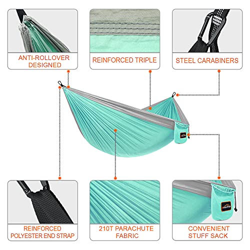 AnorTrek Camping Hammock, Super Lightweight Portable Parachute Hammock with Two Tree Straps Single or Double Nylon Travel Tree Hammocks for Camping Backpacking Hiking - color: Sea Green&light Grey, size: Single 110''L x 55''W