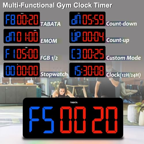 Multi-Mode Fitness Timer with Remote Control – 2-in-1 Digital Clock & Gym Timer for Tabata, EMOM, Countdown, Stopwatch, FGB – Customizable Workout Cycles with 10 Presets & 3 Mounting Options - color: Blue Red