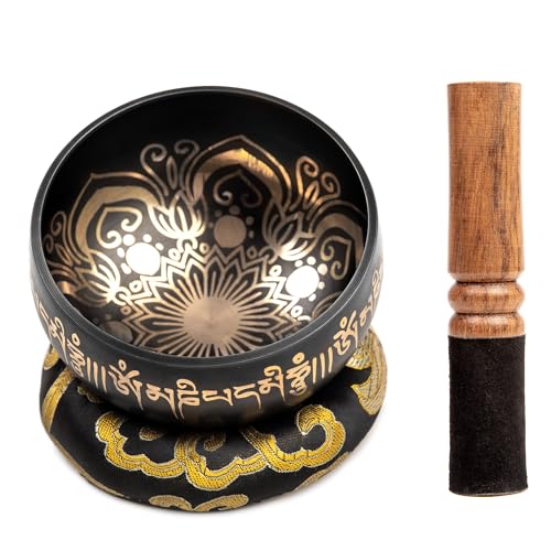 Tibetan Singing Bowl Set - 4" Easy To Play Authentic Handmade For Meditation Sound 7 Chakra Healing By HIMALAYAN BAZAAR (Black with Box, 4")